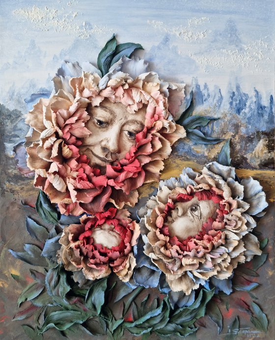 Madonna and Children / bas-relief with fantasy mother portrait and peonies flowers