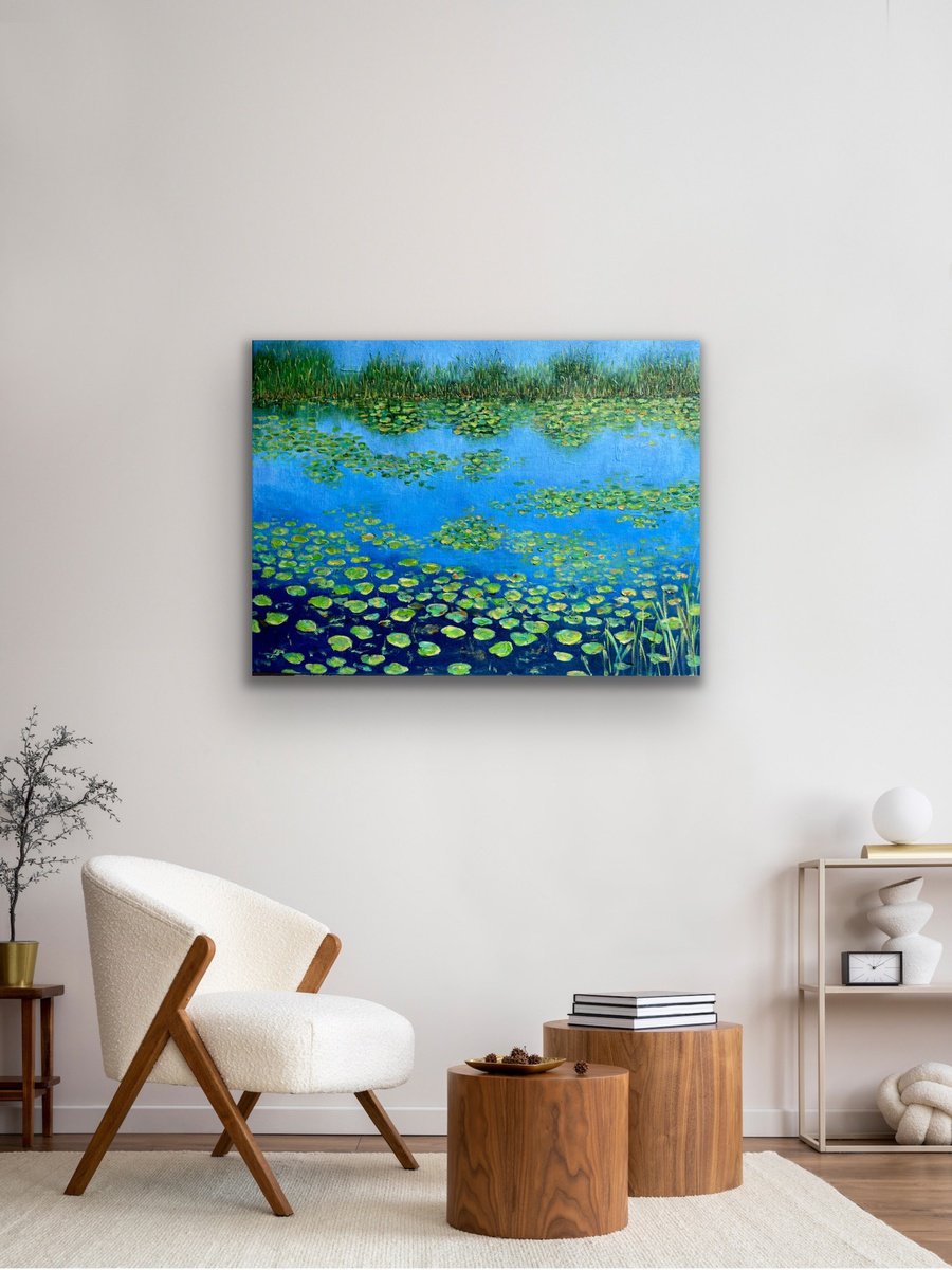 Impressionistic Botanical Acrylic Painting By Pooja Verma, 31 X 24", Still Water Silent Thoughts, Original Artwork