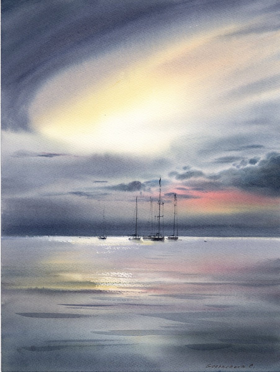 Impressionistic Landscape Watercolour By Eugenia Gorbacheva, 12 X 16, Yachts At Sea At Dawn #2, Original Artwork