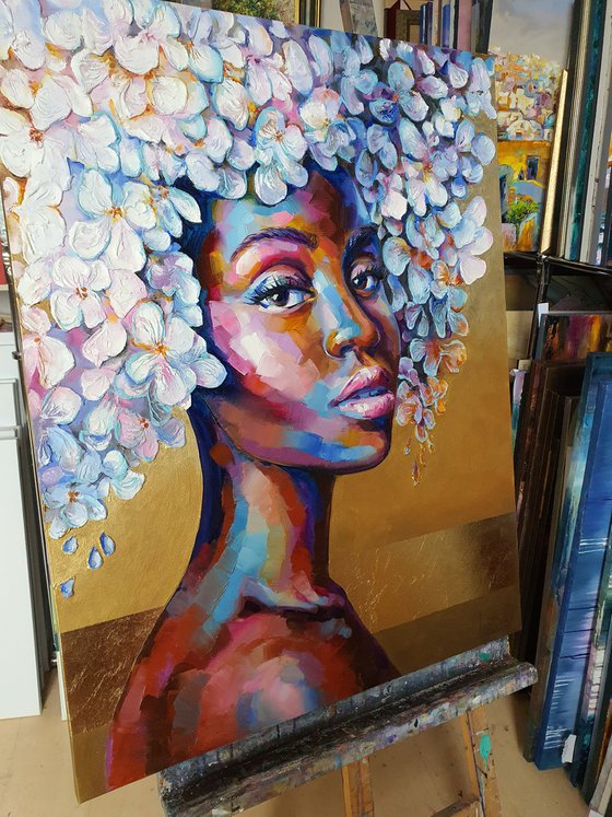 Black girl with white flowers