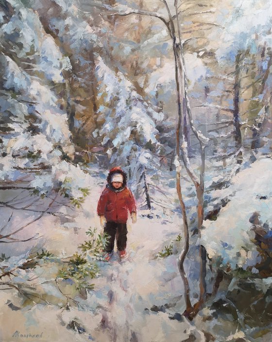 "Alice in Winterland", original,one of a kind, oil on canvas painting from the "Childhood series"(24x30x1,5")