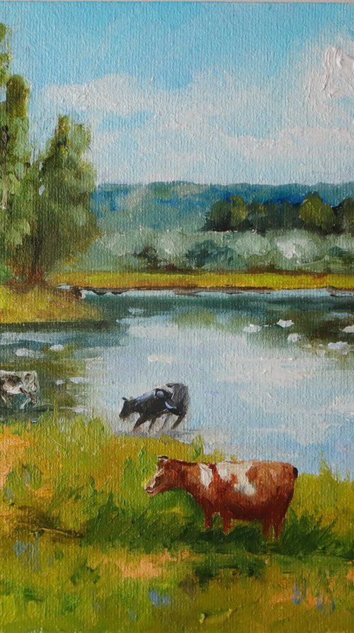 Cows by the Riverside, Pastoral Scene by Natalia Shaykina
