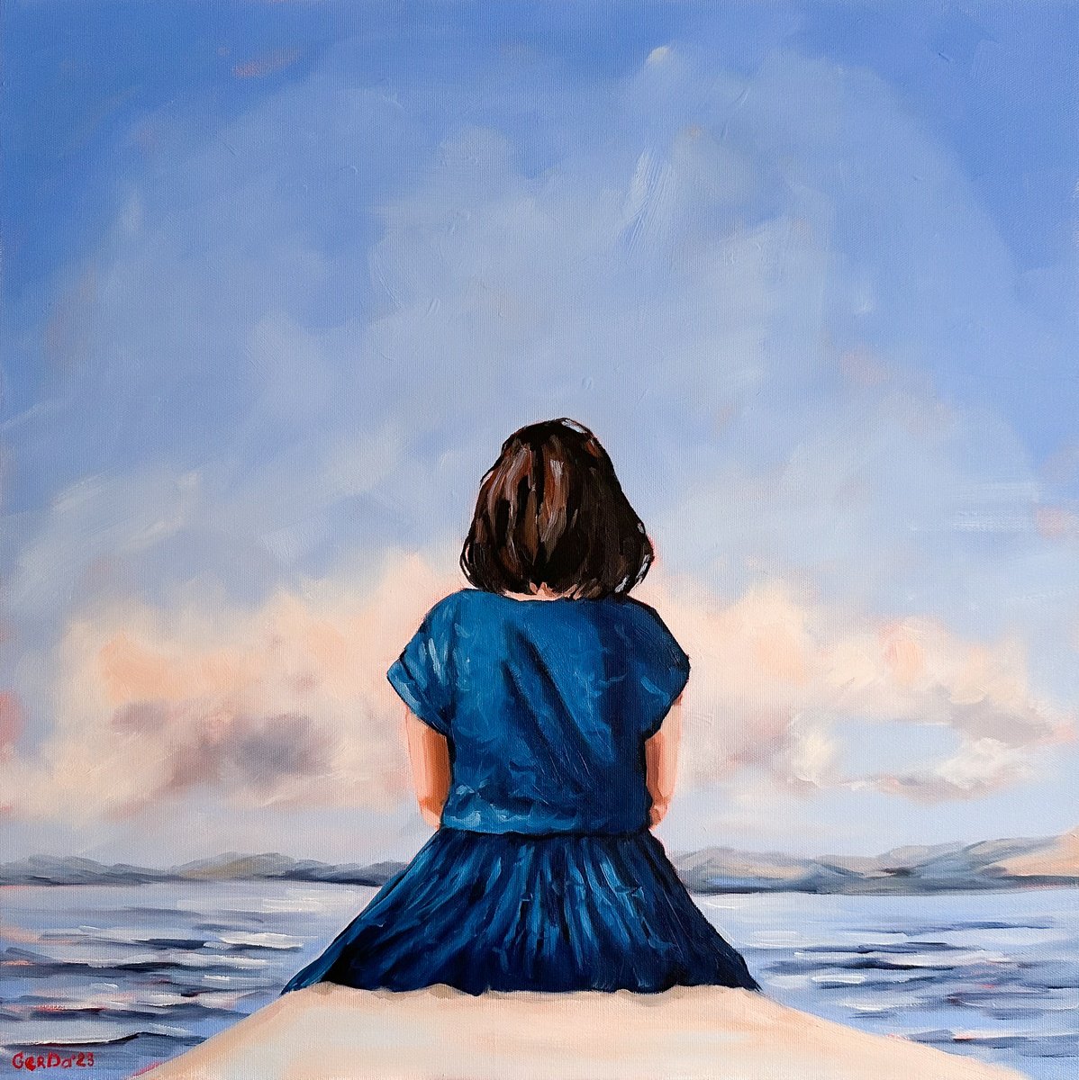 Impressionistic Landscape Oil Painting By Daria Gerasimova, 24 X 24, Waiting: Girl On Coast, Original Artwork