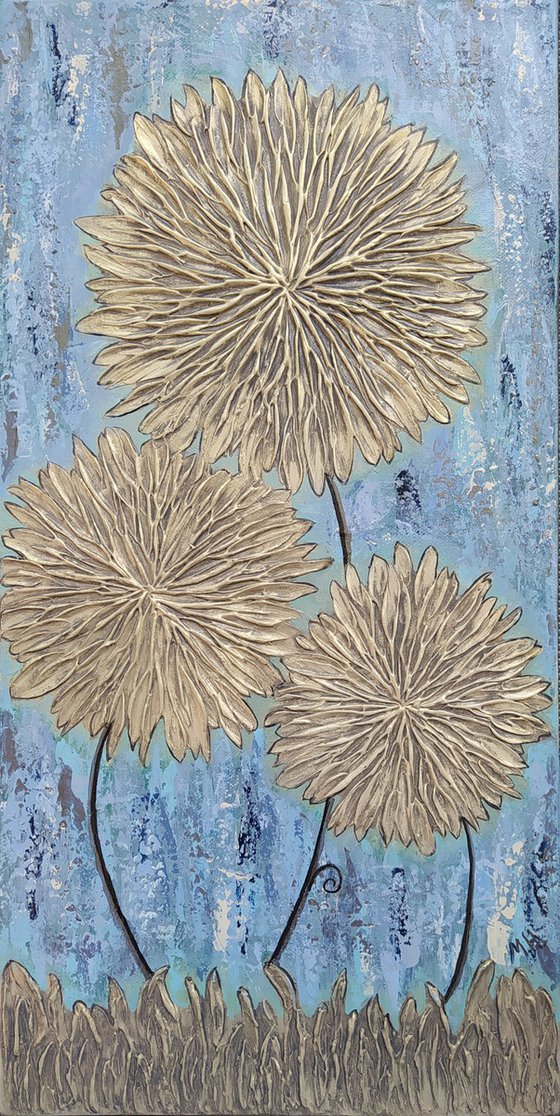 GOLD ASTERS WITH BLUE BACKGROUND (20X60, 30X60, 20X60size, texture, Modern art )