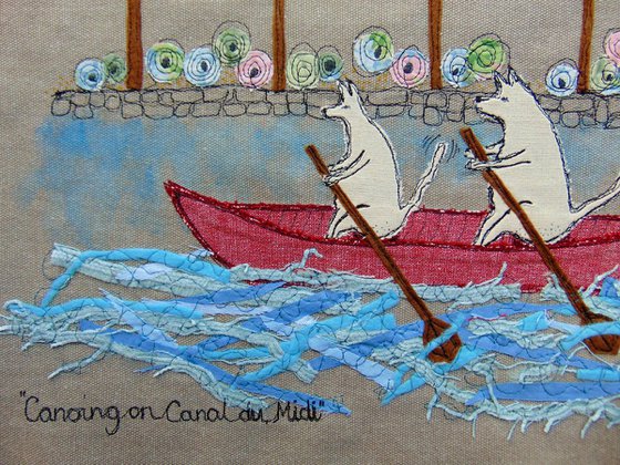 "Canoeing on Canal du Midi" - textile collage