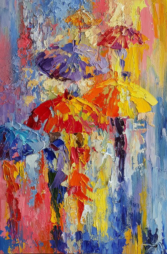 Rain in your favorite city - painting on canvas, umbrella art, people in the rain, oil painting, people art, rain, umbrella, painting canvas, impressionism,palette knife, gift