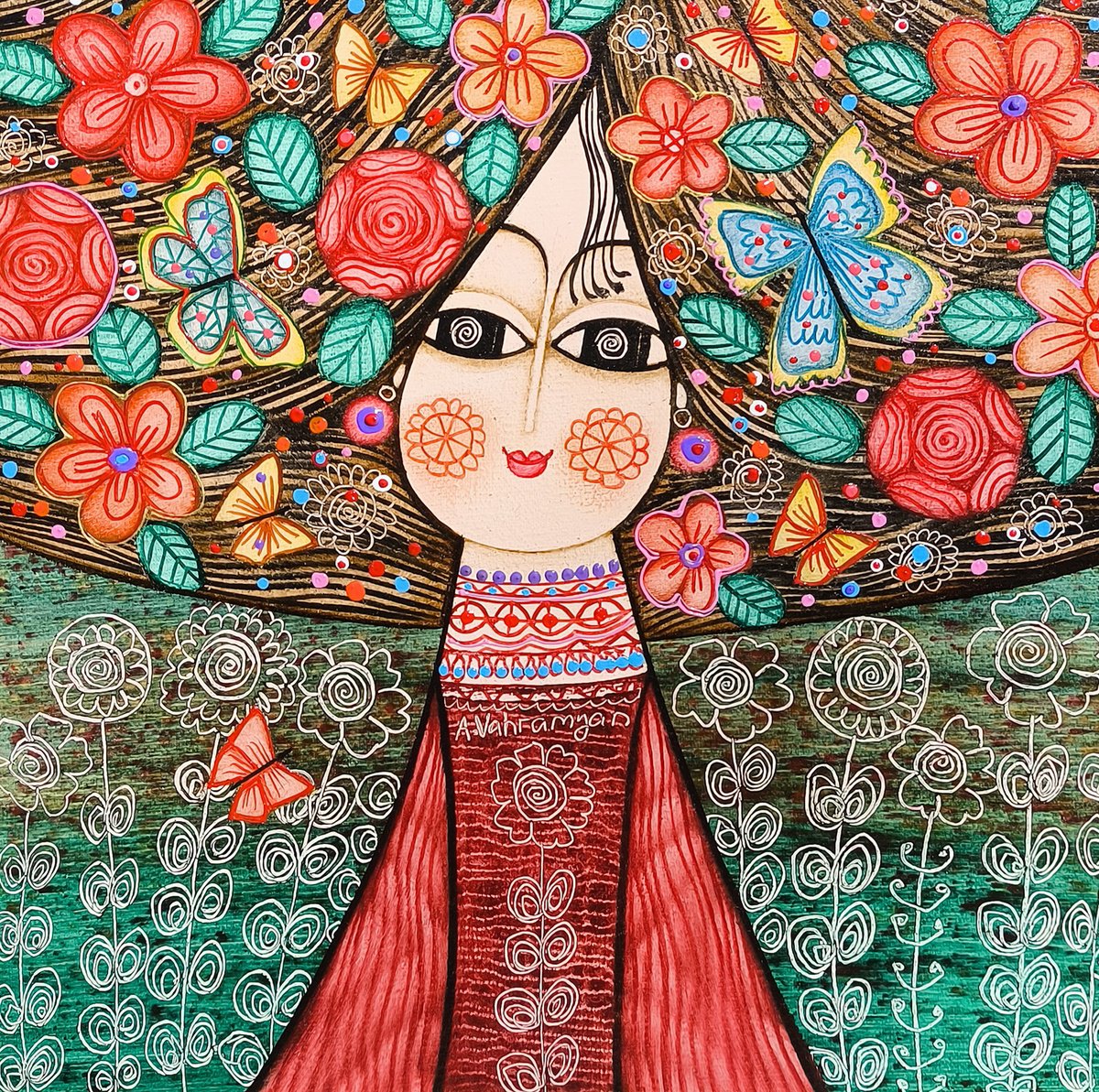 Naive Portrait Oil Painting By Armen Vahramyan, 12 X 12, Butterflies In Her Hair, Original Artwork