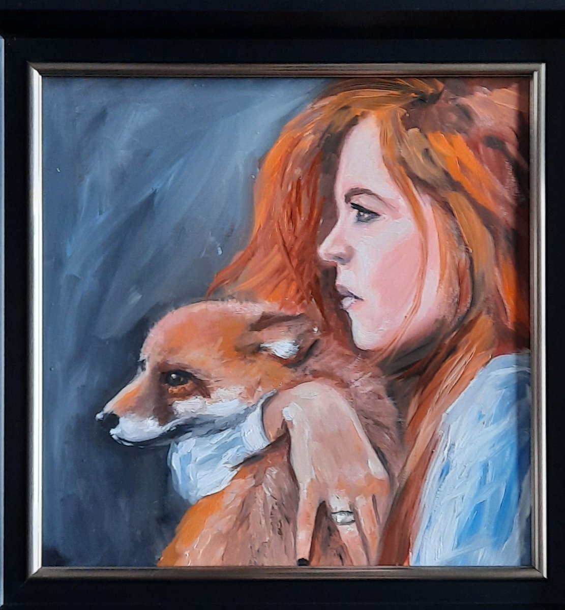 Impressionistic Animal Oil Painting By Els Driesen, 12 X 12, Woman With Fox, Original Artwork