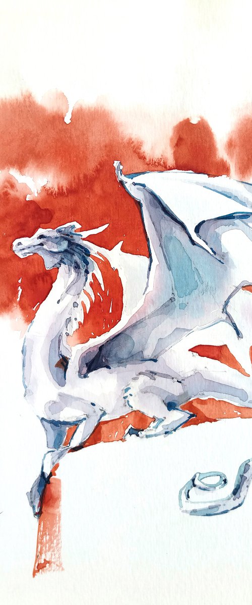 Watercolor sketch "Fabulous gray dragon on a red background" original illustration by Ksenia Selianko