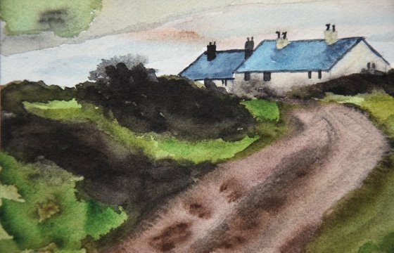 England rainy landscape original watercolor painting, Seascape with houses