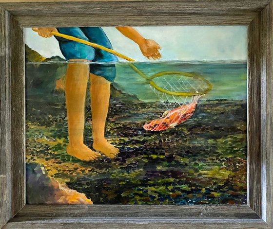 A vintage oil painting  happy catch of koi fish fully framed in rustic finish 16x20
