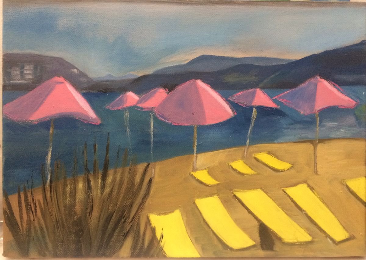 Pink umbrellas, yellow loungers by Laura Stamps