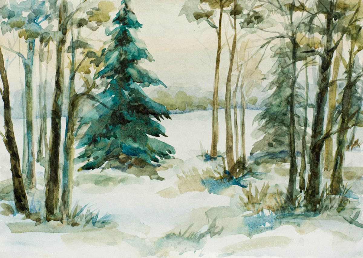 Impressionistic Landscape Watercolour By Galyna Shevchencko, 17 X 12, Winter Forest, Original Artwork