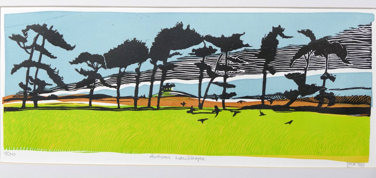 Illustrative Animal Linocut By Keith Alexander, 20 X 9", Autumn Landscape, Original Artwork