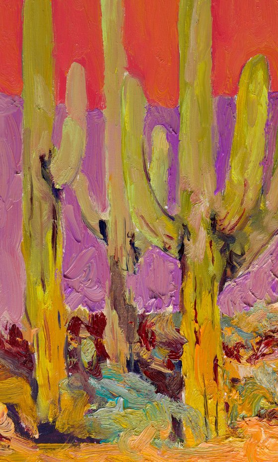 Saguaros Under a Coral Sky