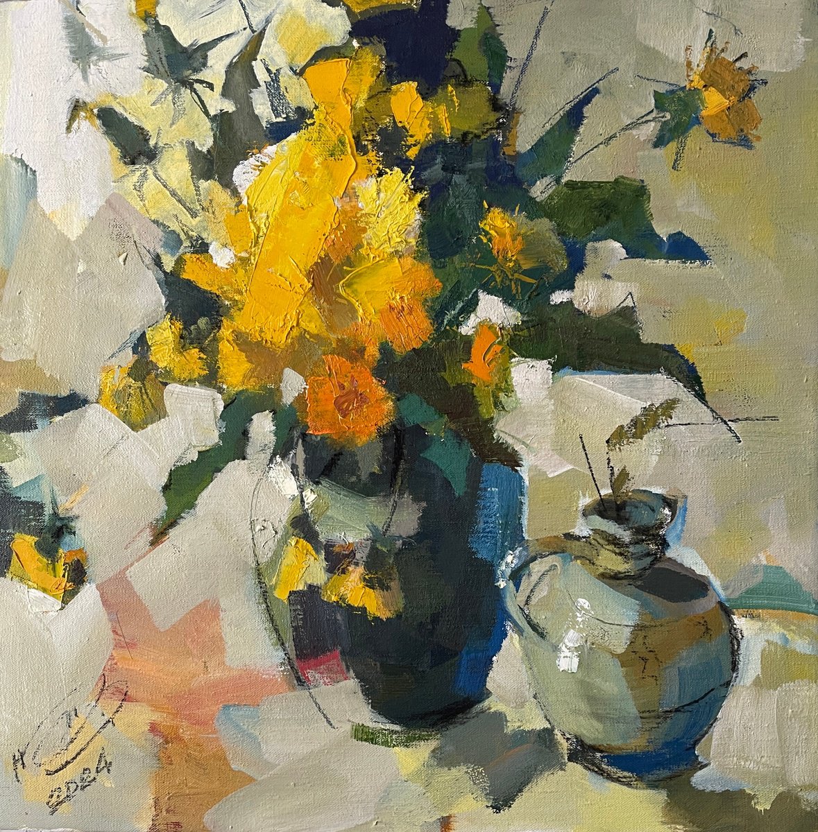 Expressive Botanical Oil Painting By Igor Yuryev, 28 X 28, Dandelion, Original Artwork