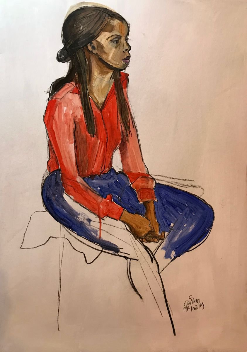 Expressive Portrait Acrylic Painting By Christine Callum Mcinally, 20 X 28, Red Shirt, Original Artwork