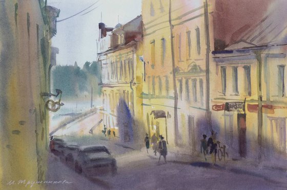 Vyborg. Street to the fortress. Watercolour by Marina Trushnikova. Cityscape. Plain air artwork.