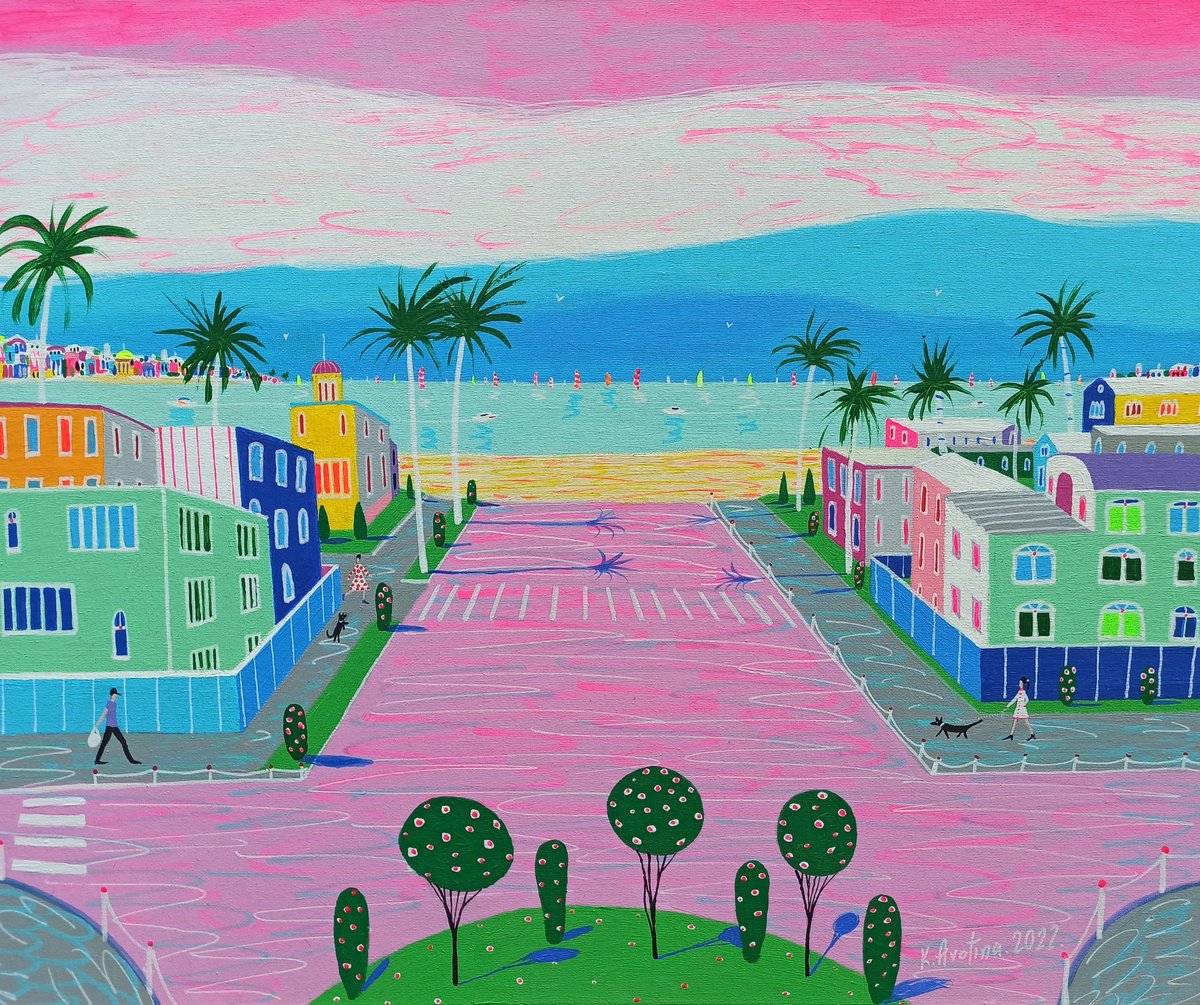 Impressionistic Landscape Acrylic Painting By Katrina Avotina, 24 X 20", Gorgeous Sunset In California, Original Artwork