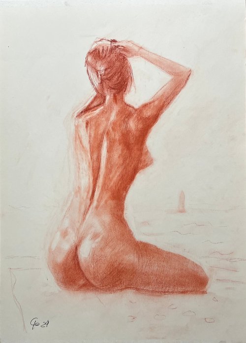Nude girl sitting on the beach, Ukrainian original artwork by Roman Sergienko