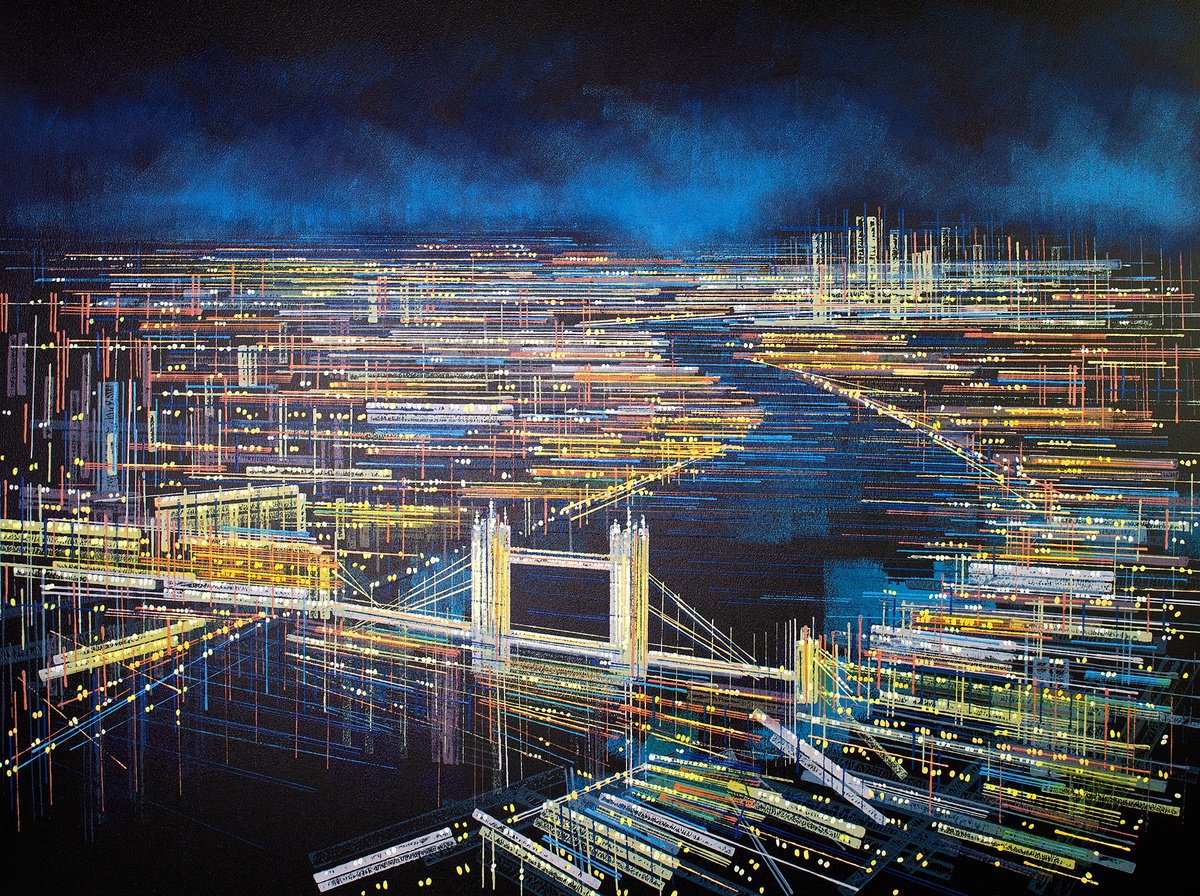 Impressionistic Cityscapes Acrylic Painting By Marc Todd, 40 X 30", London Skyline At Night, Original Artwork