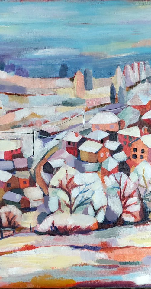 Winter village landscape by Angelina Doseva