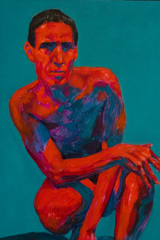 modern pop art portrait of a man in blue and red