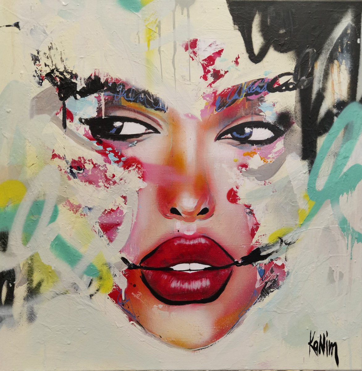 Urban And Pop Portrait Painting By Kanim, 28 X 28", Remember When, Original Artwork