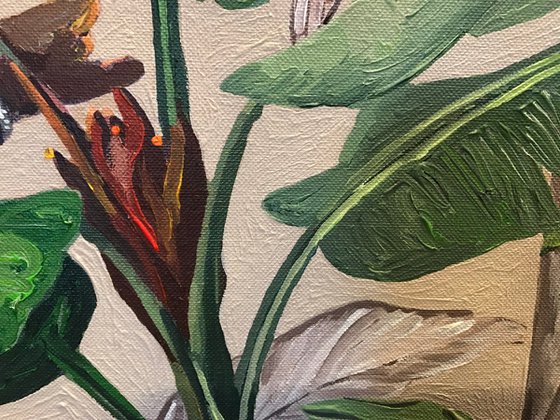 Jungle Light N°4 - Cockatoo and Touchan Fern - Tropical - Art-Deco - Organic Floral, Large painting