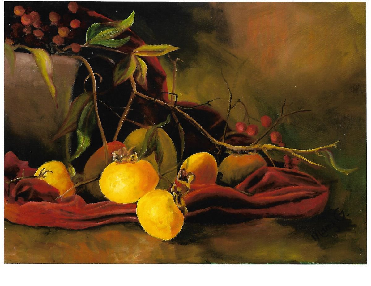 Persimmons and Hollies Still Life Original Wall Art by Mary Gullette