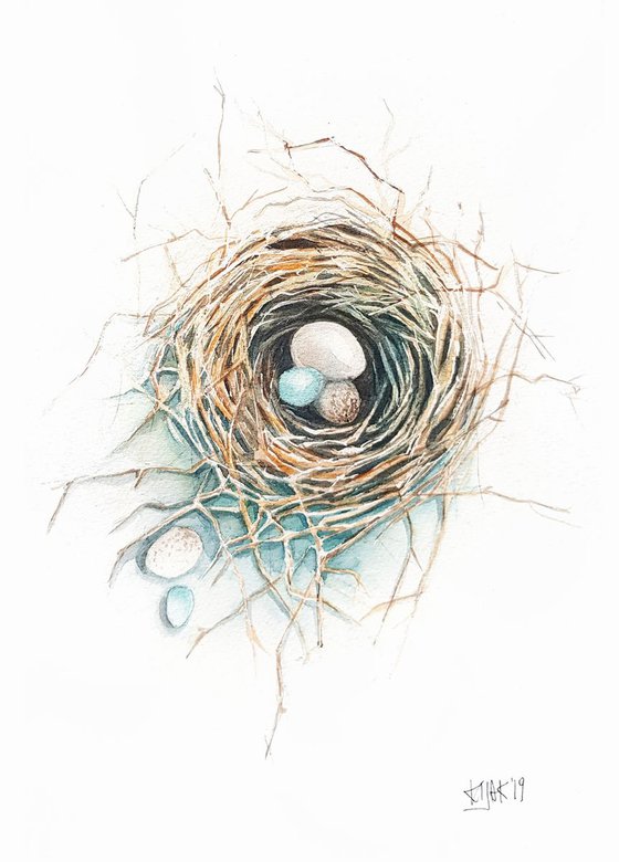 Nest with eggs, wildlife and birds painting