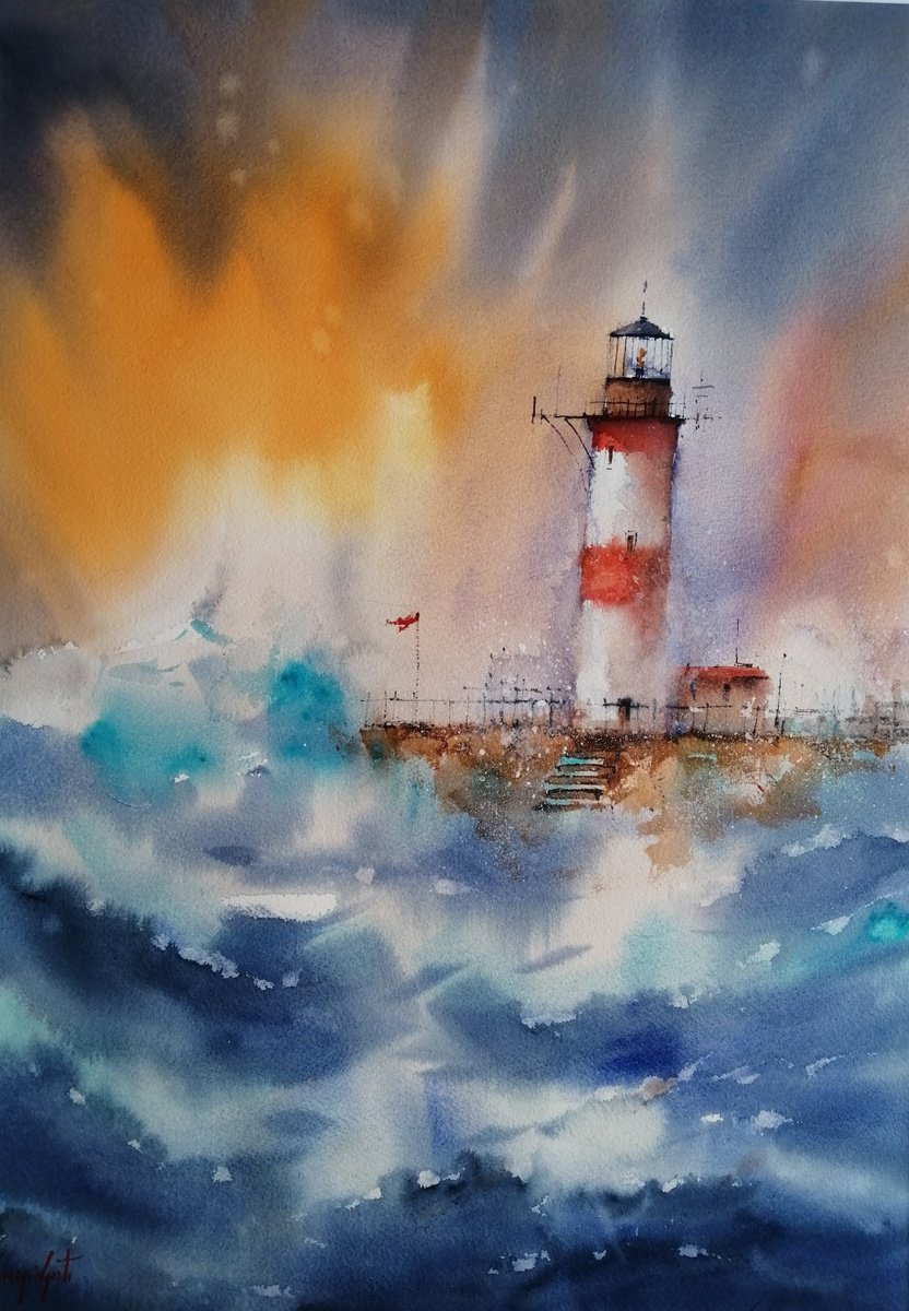 Impressionistic Landscape Watercolour By Giorgio Gosti, 20 X 28, Lighthouse 36, Original Artwork