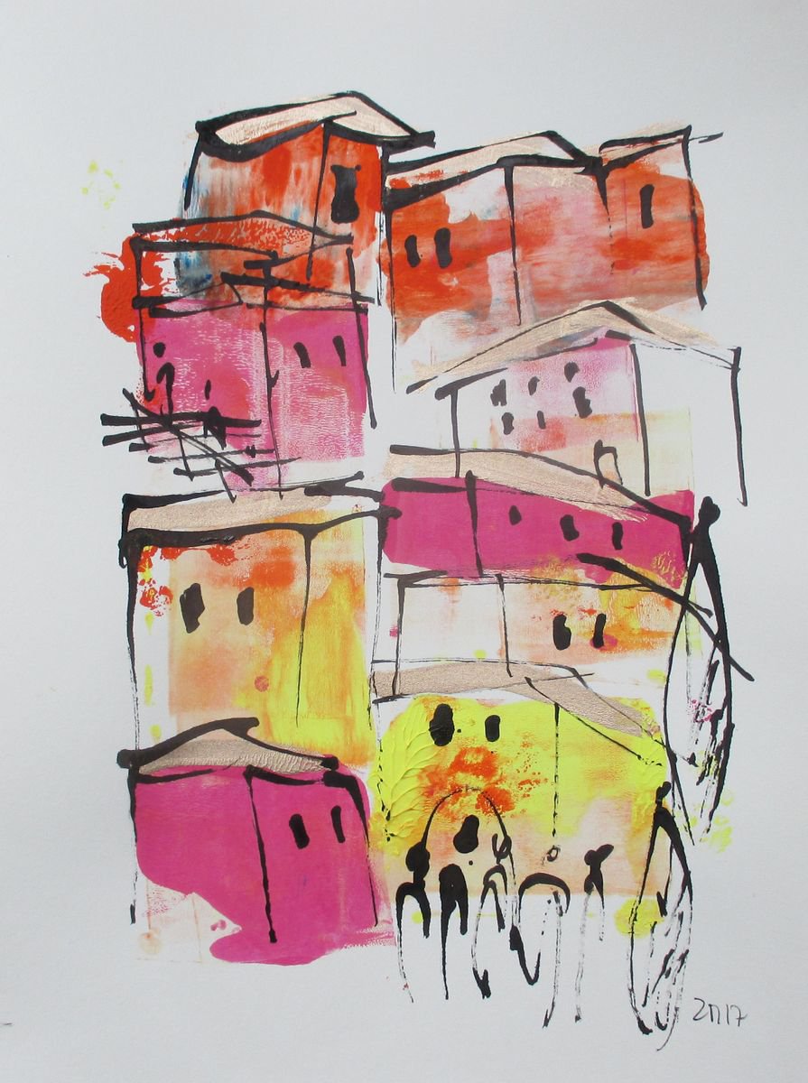 sunny little city - drawing on paper 12,6x9,5 inch by Sonja Zeltner-Muller