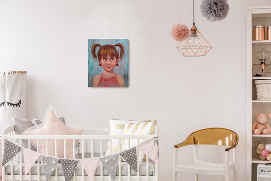 Girl with ponytails, ladybug and cherry earrings portrait