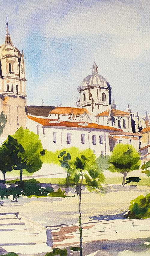Cathedral. Salamanca, Spain. Original watercolor. SMALL FORMAT CITY URBAN MUTED COLORS SUN WARM architecture travel trip by Sasha Romm