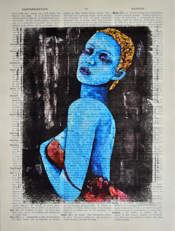 Blue Girl - Collage Art on Large Real English Dictionary Vintage Book Page