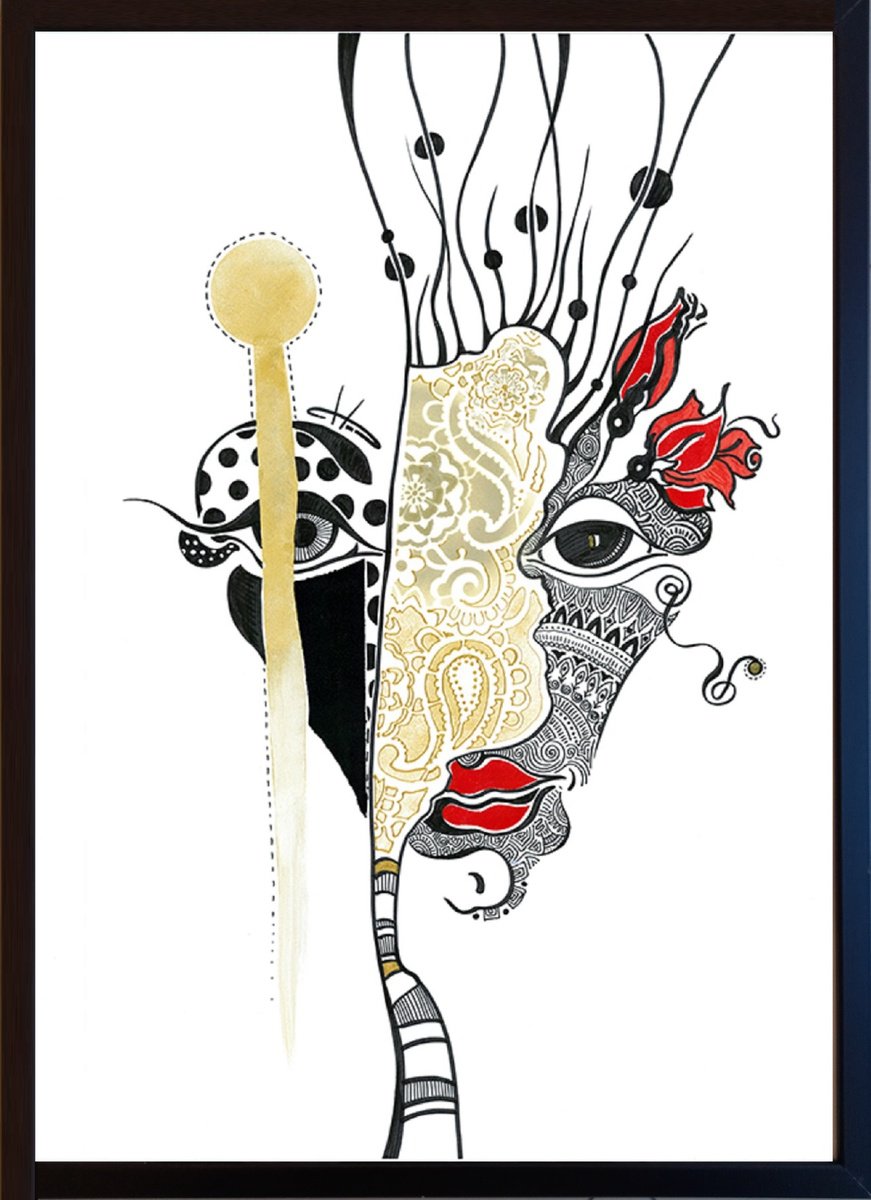 Urban And Pop Portrait Ink Drawing By Silvia Pavlova, 21 X 29", "Bizarre Gold", Original Artwork