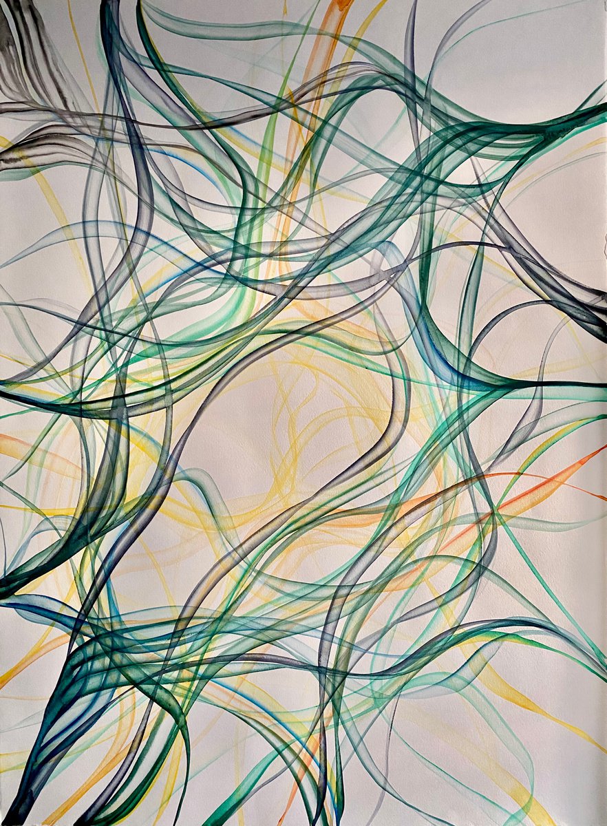 Organic Abstract Watercolour By Shushanik Karapetyan, 22 X 30", Meditation In Green Hues, Original Artwork