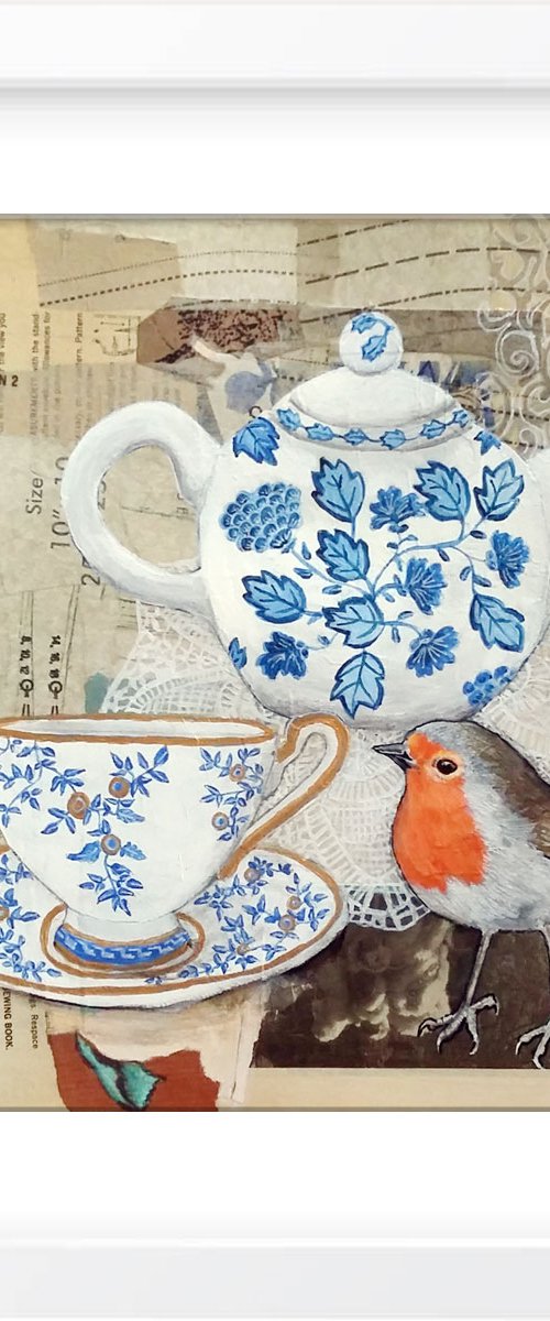 Mr Robin came to tea - Framed and ready to hang by Carolynne Coulson