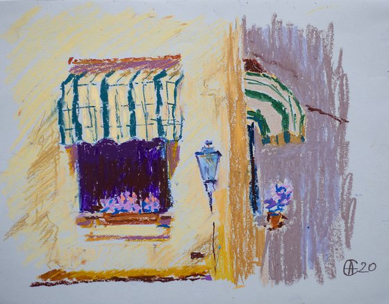 Italian window. Oil pastel painting. Small cute detail home interior colorful provence gift idea