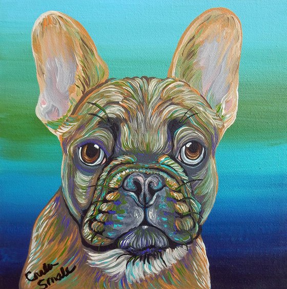 Rainbow French Bulldog Pet Dog Original Art Painting-8 x 8 Inches Deep Set Stretched Canvas-Carla Smale