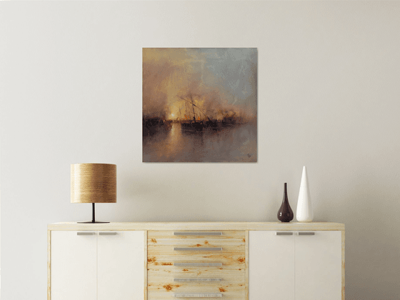 " Harbor of destroyed dreams - Hazy morning " W 70 x H 70 cm