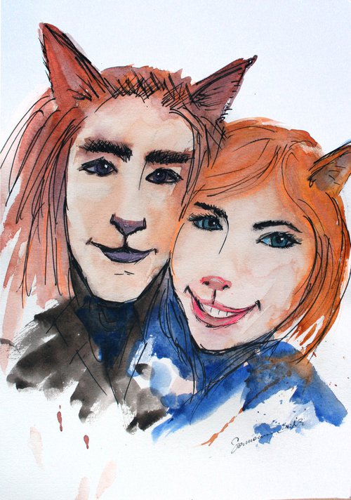 COUPLE OF FOXES... STILIZATION / ORIGINAL WATERCOLOR PAINTING by Salana Art Gallery