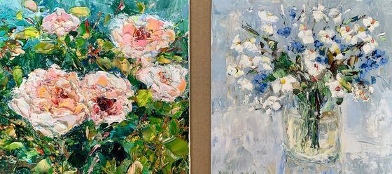 Pink roses and Bouquet of wildflowers