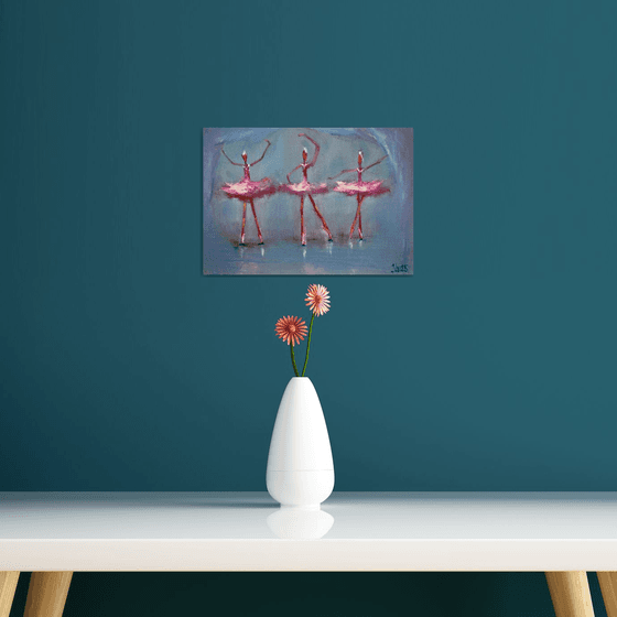Funny pink ballerinas. Miniature  impasto oil