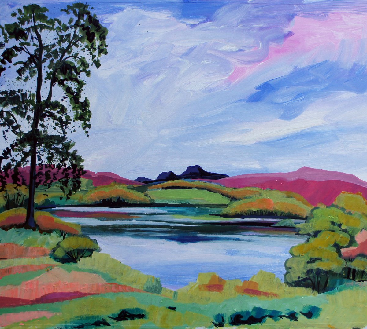 Impressionistic Landscape Acrylic Painting By Julia Rigby, 20 X 18", Langdale Pikes From Loughrigg Tarn, Original Artwork