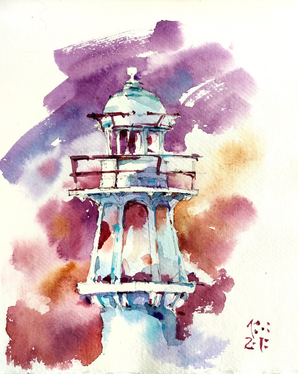 Lighthouse on the background of the sunset sky original watercolor by Ksenia Selianko