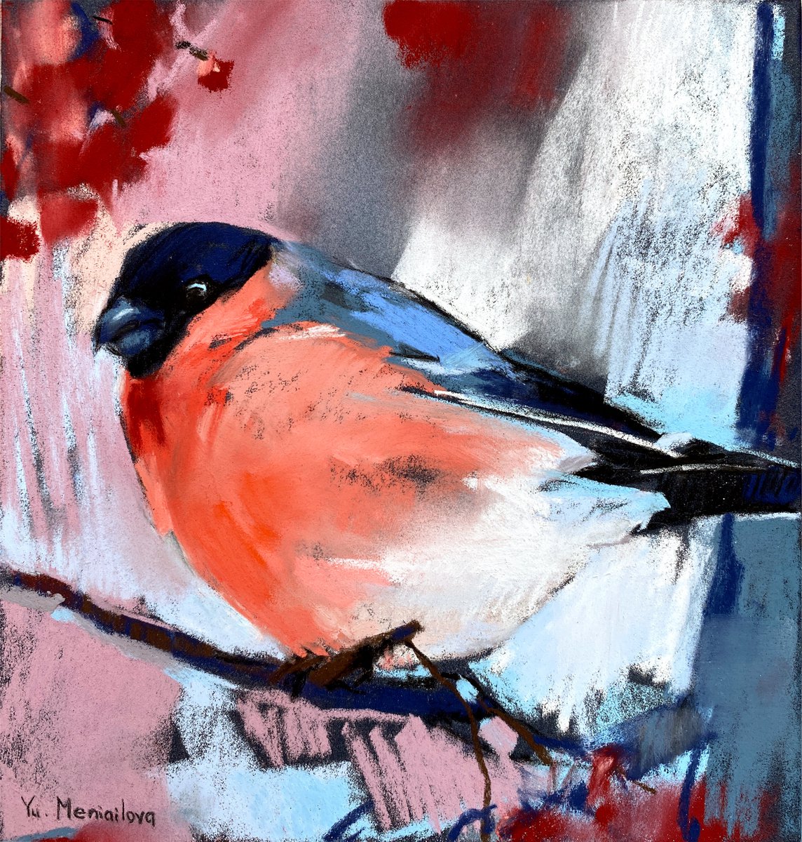 Bullfinch - Bird - Orange - Pastel drawing by Yuliia Meniailova