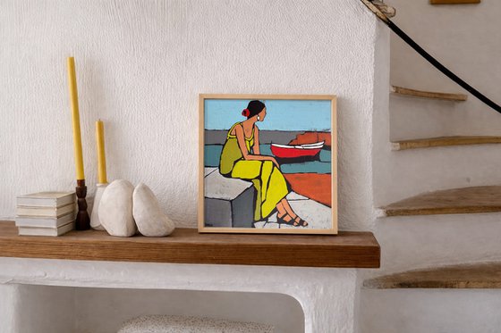 "Woman by the Water with Red Boat" 12x12in