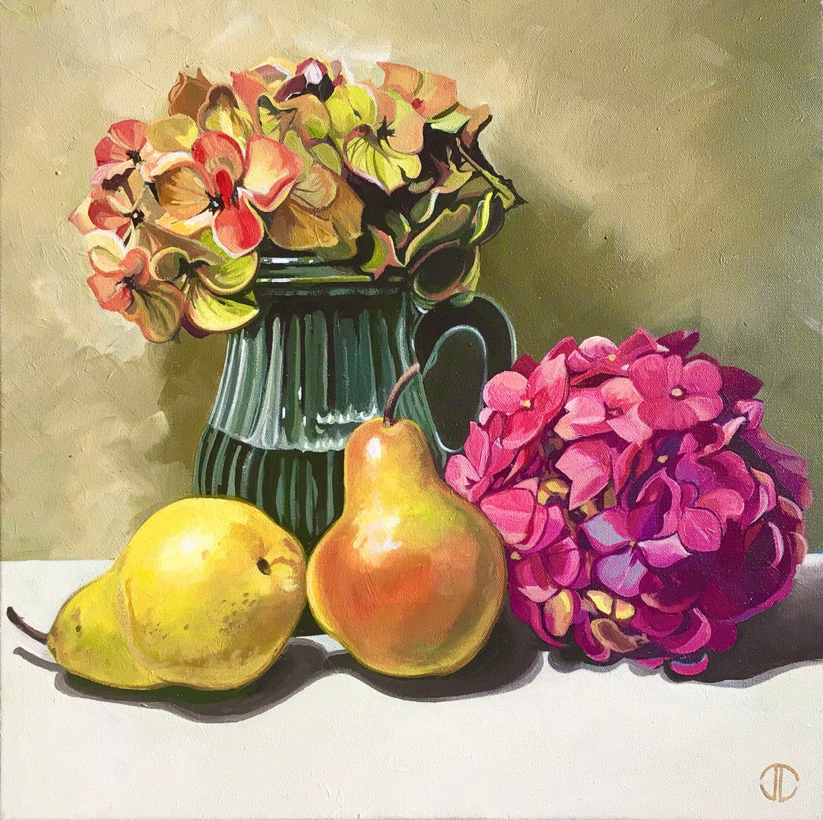  Pears And Hydrangea Flowers By Joseph Lynch, 20 X 20, Artwork For Sale On Artfinder